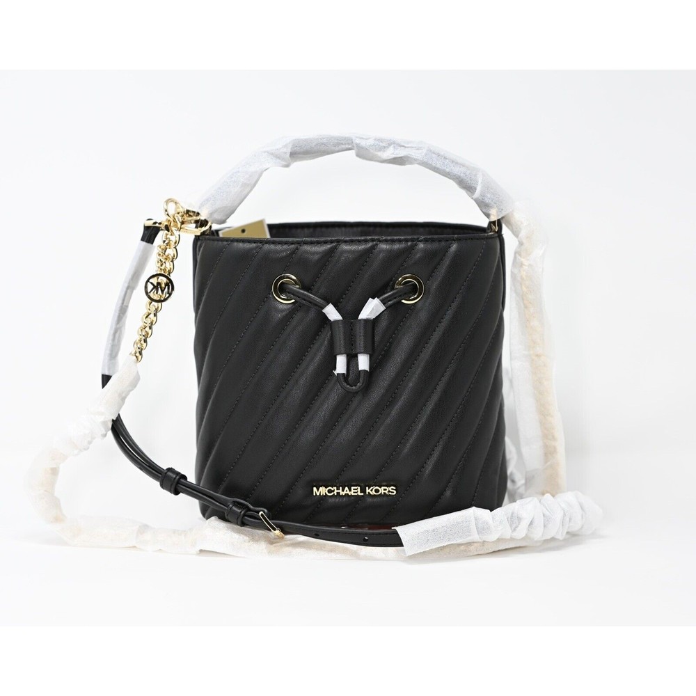 NWT Michael Kors Suri Small Quilted Bucket Crossbody Bag Black/Gold Org $398